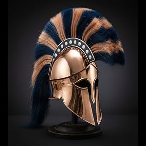 Polished bronze Corinthian helmet with a tall blue and tan horsehair crest, on a stand