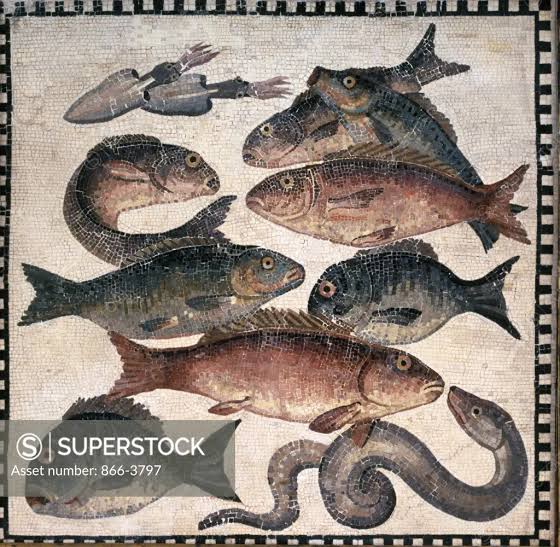 Roman mosaic of fish, a squid and an eel on a pale background inside a chequered border